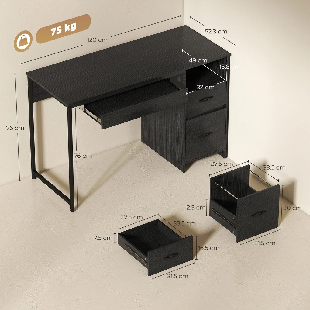 HOMCOM Birou Gaming Industrial, 120x52,3cm Stație Gaming cu Suport Tastatură, Compartiment Deschis și Sertare pentru Documente Format A4 Letter Legal, Masă Computer pentru Birou Acasă, Negru | Aosom Romania