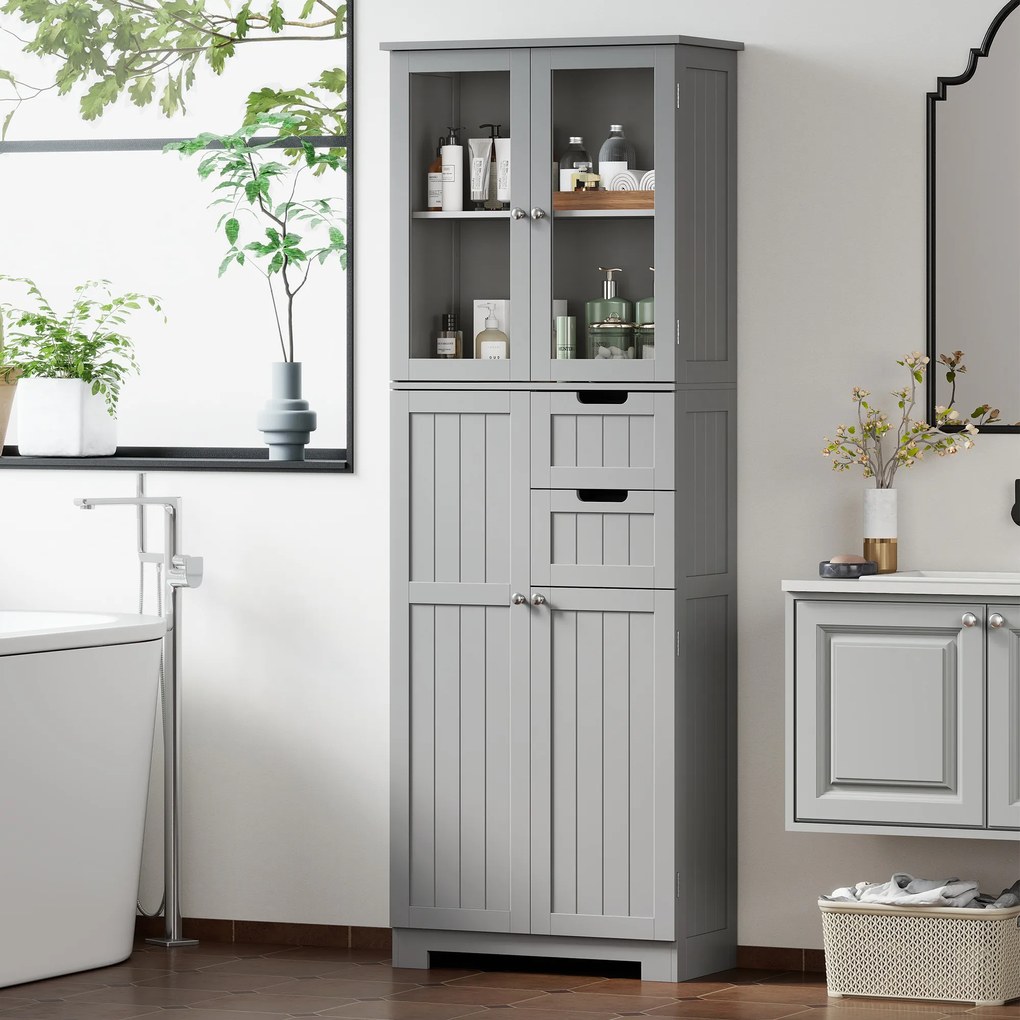 HOMCOM Dulap înalt pentru baie, mobilier de depozitare cu 4 uși dintre care 2 vitrate, 2 sertare și polițe reglabile, alb | Aosom Romania