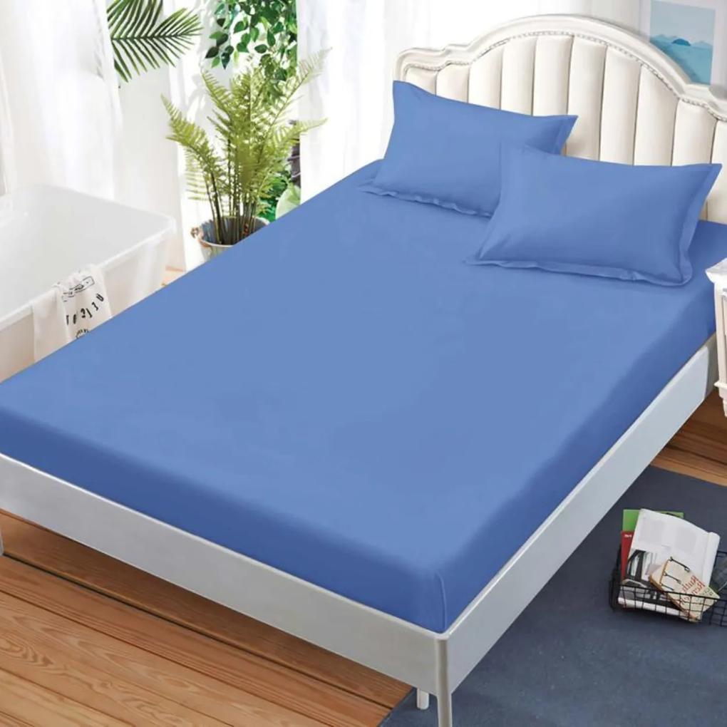 Husa de pat cu elastic si 2 fete de perna, tesatura tip finet, uni, pat 2 persoane, albastru, HBFJ-152