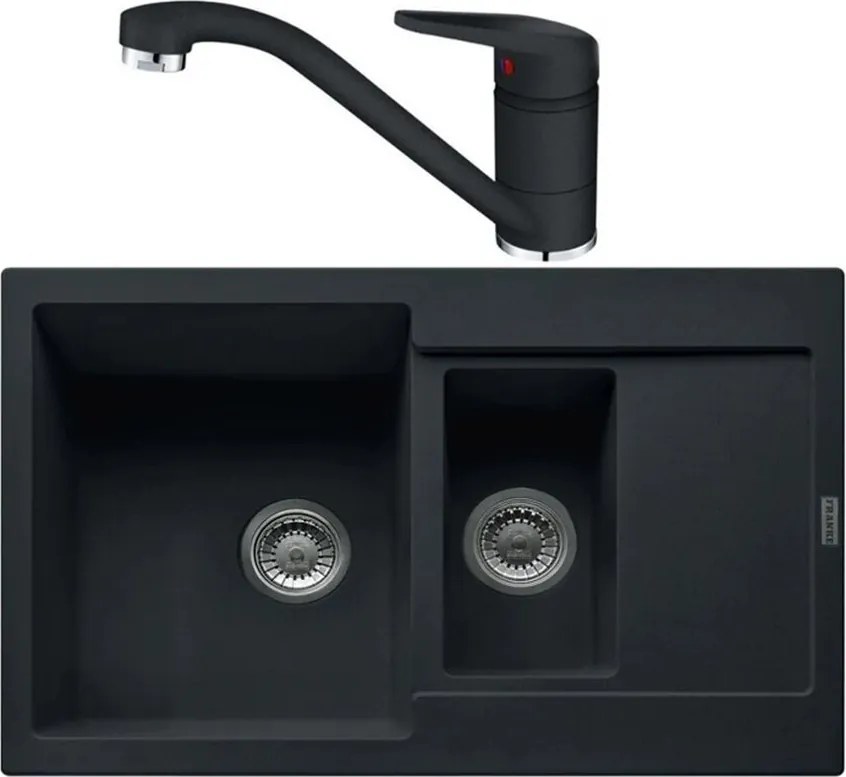Set chiuveta bucatarie compozit Franke Maris 1 cuva 1/2 cu picurator 78x50 cm finisaj negru mat cu baterie Novara Plus