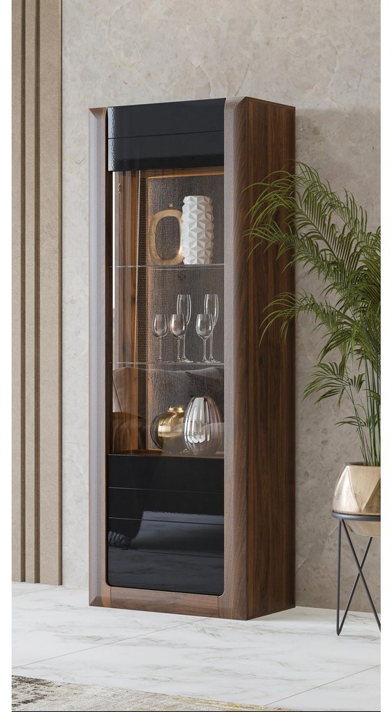 Vitrină Kassie Typ 05 (negru lucios + nuc columbia) (cu iluminat). 1108360