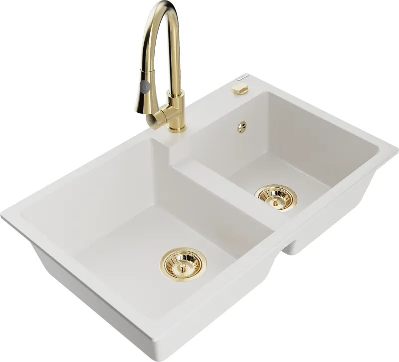 Mexen Tomas chiuvetă de granit cu 2 compartimente și baterie de bucătărie Elia, alb - 6516-20-670101-50