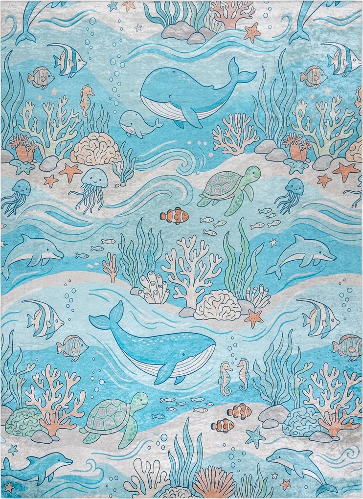 BAMBINO 61540 covor lavabil Ocean, pește pentru copii anti-alunecare - albastru / bej
