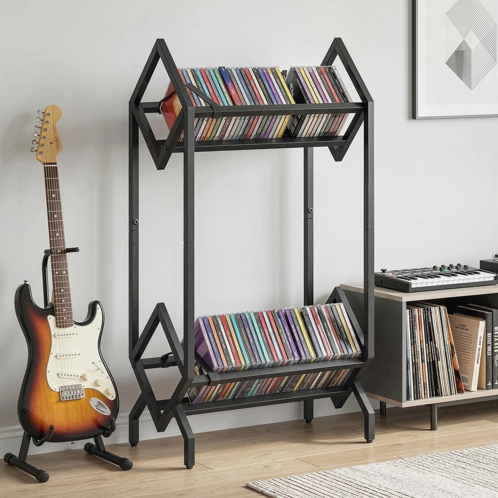 HOMCOM Organizator CD-uri pentru 50 CD-uri, Organizator Viniluri 2 Niveluri din Metal pentru DVD-uri, Cărți, Albume, Negru | Aosom Romania