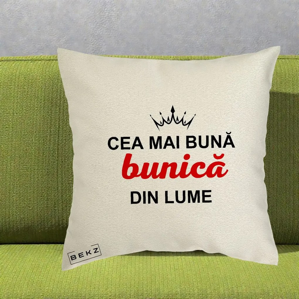 Cadou pentru Bunica - Perna Personalizata Cea Mai Buna Bunica Din Lume Coroana Neagra, 40x40 cm, Ecru, Husa Detasabila, Perna Inclusa, BEKZ®