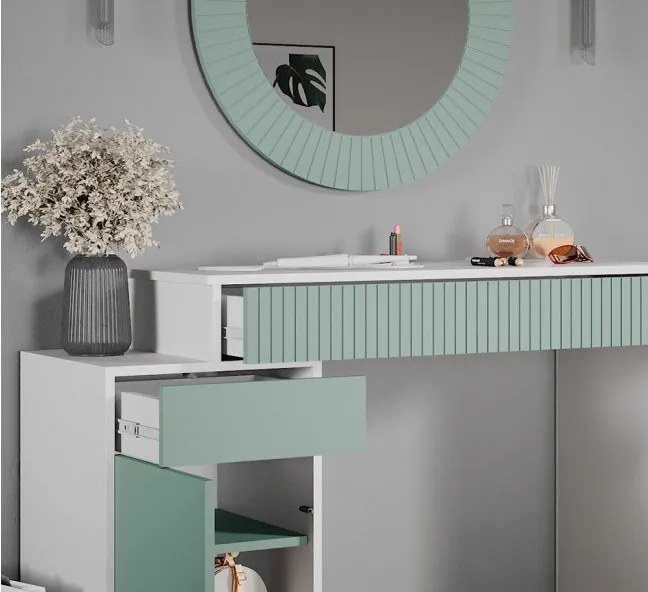 SEV201 - Set Masa alba toaleta 120 cm cosmetica machiaj, oglinda, masuta vanity, Alb-Verde