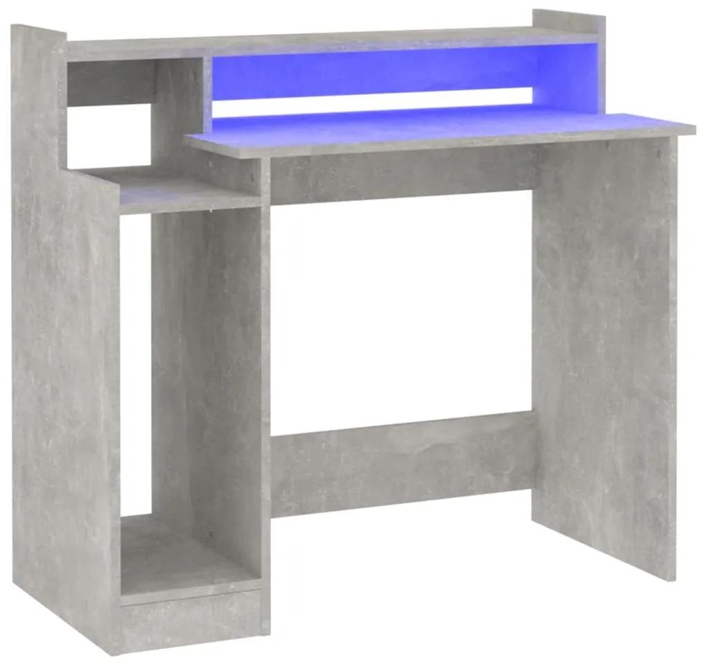 Birou cu lumini led, gri beton, 97x90x45 cm, lemn compozit
