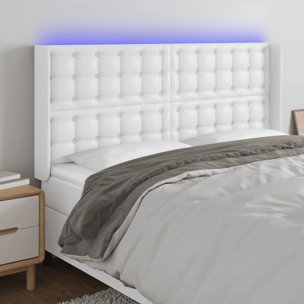vidaXL Tăblie de pat cu LED, alb, 163x16x118/128 cm, piele ecologică