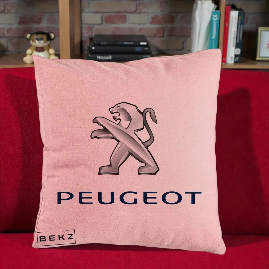 Perna Personalizata cu emblema Peugeot, 40x40 cm, Roz, Husa Detasabila, Perna Inclusa, BEKZ®