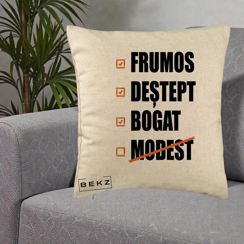 Perna Decorativa Frumos Destept Bogat, 40x40 cm, Bej, Husa Detasabila, Perna Inclusa, BEKZ®