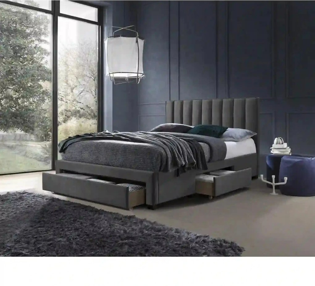 Pat tapitat tablie inalta GRACE 160x200, stofa catifelata gri, cu somi
