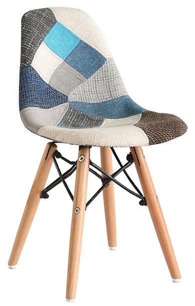 SCAUN JOY, MODEL PATCHWORK DENIM, SEZUT TAPITAT TEXTIL, PICIOARE LEMN