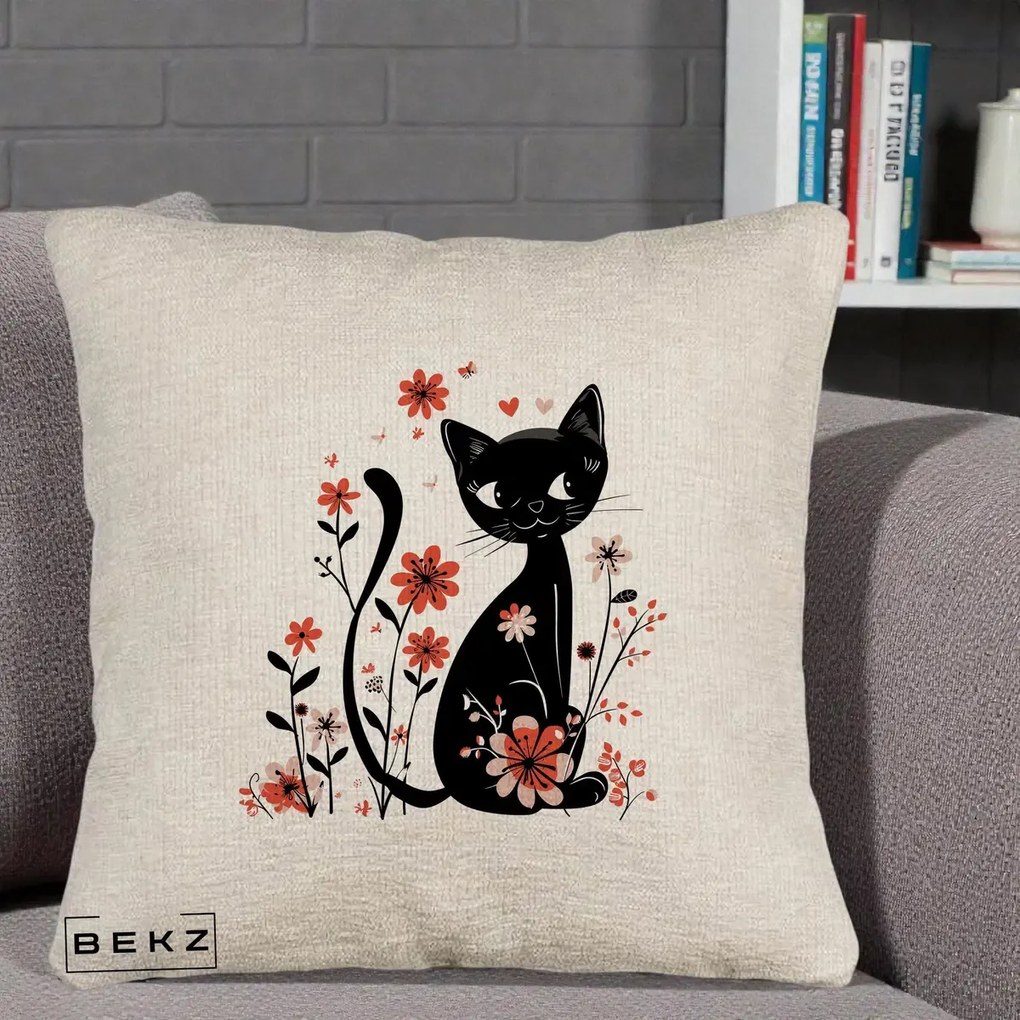 Perna Decorativa Pisica Neagra Flori Roz si Inimi, 40x40 cm, Bej Canapea, Husa Detasabila, Perna Inclusa, BEKZ®