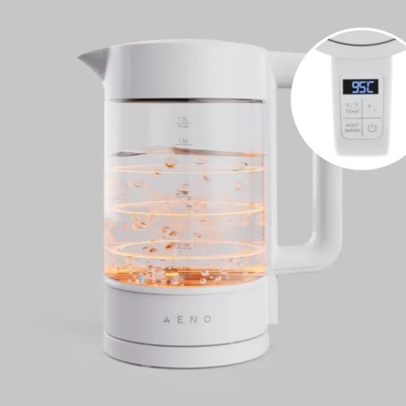 Cana electrica AENO AEK0005, 2200 W, 1,7 l, 40-100 °C, Baza rotativa la 360°, STRIX, Afisaj LED, Filtru, Alb