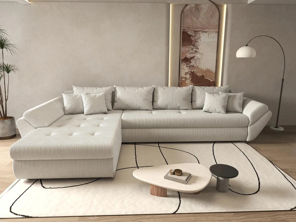 Colțar extensibil dumonde cu ladă de depozitare si sezut confortabil din spuma high-density, Loana XL Zoom Cream 335x185 cm