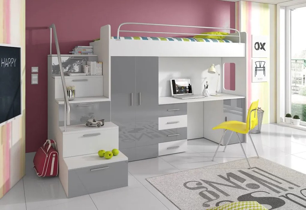 Supermobel Pat supraetajat pentru copii RAJ IVs COLOR, 80x200, orientare universale, alb/gri luciu