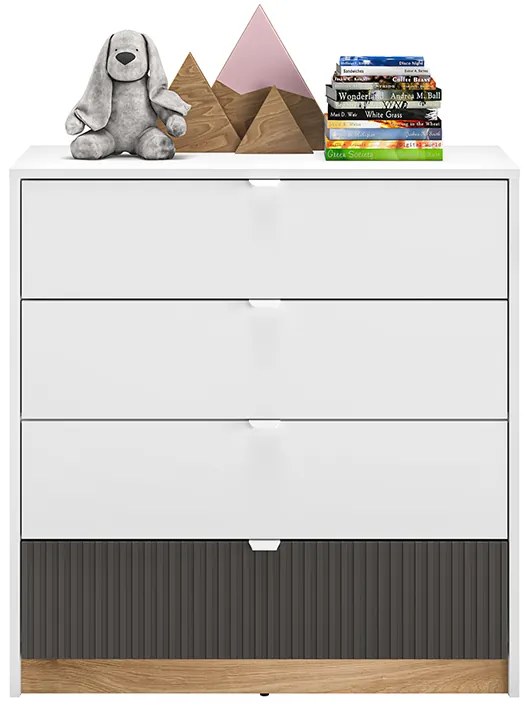Comoda living dormitor hol cu 4 sertare, alb mdf grafit stejar, 82x86x40 cm, canturi abs alb/mdf grafit/stejar, 82 cm, 40 cm, 86 cm