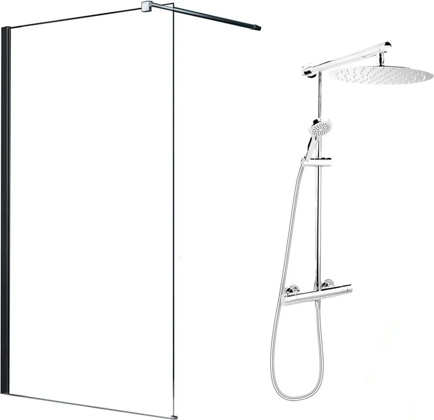 Pachet paravan dus Walk-In Fluminia Black crom 100x200 cm si coloana de dus FDesign Anima crom