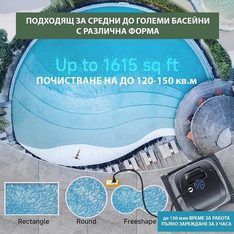 Robot curatare piscine fara fir Wybot C1, 65W, SMART, Pentru pana la 150 m², 4 moduri, Auto-parcare, Auto-revers, IPX8, Negru