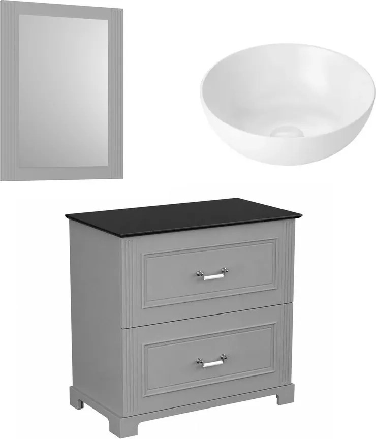 Set dulap baza pe pardoseala Krofam Oxford gri 80 cm blat negru cu lavoar si oglinda