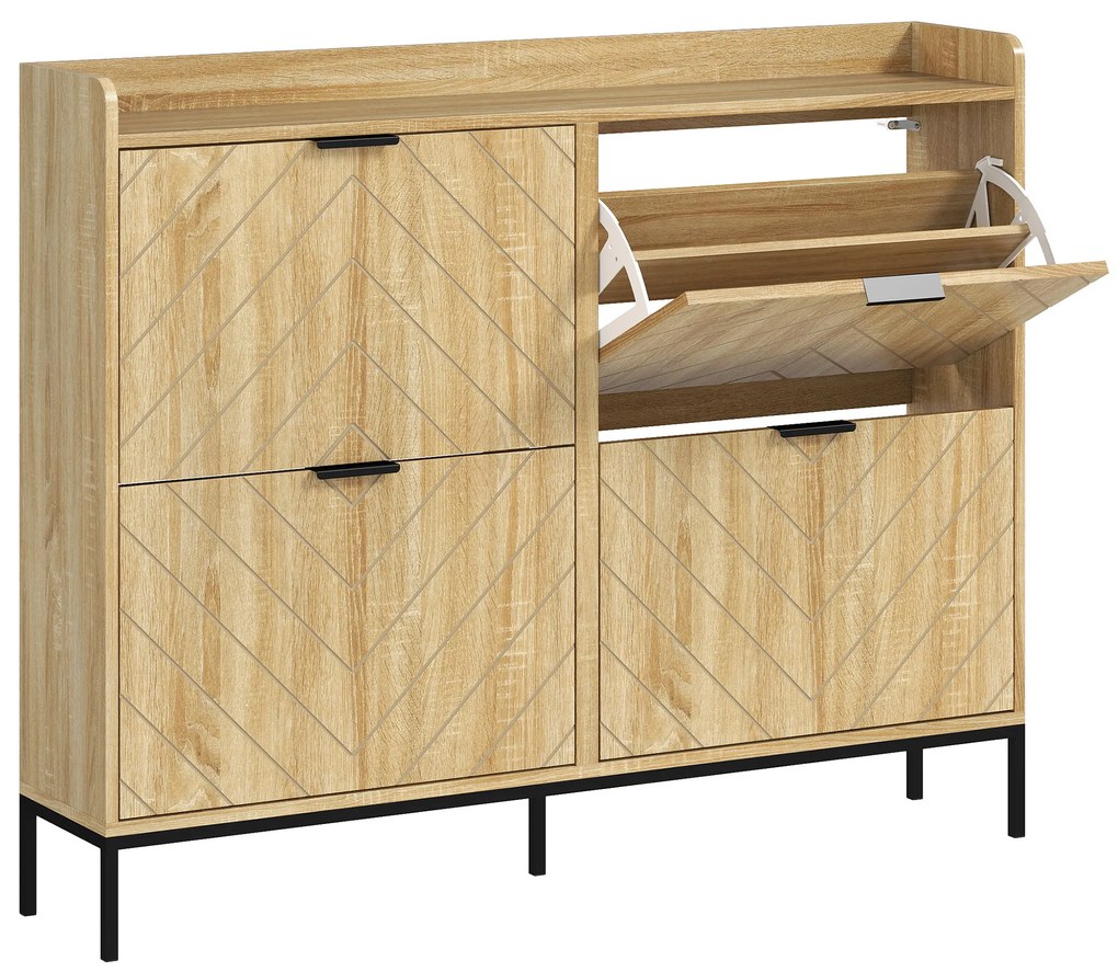 HOMCOM Mobila de pantofi 16 perechi cu 4 sertare, uși rabatabile, rafturi reglabile, 110 x 23,5 x 95,5 cm, stejar | Aosom Romania