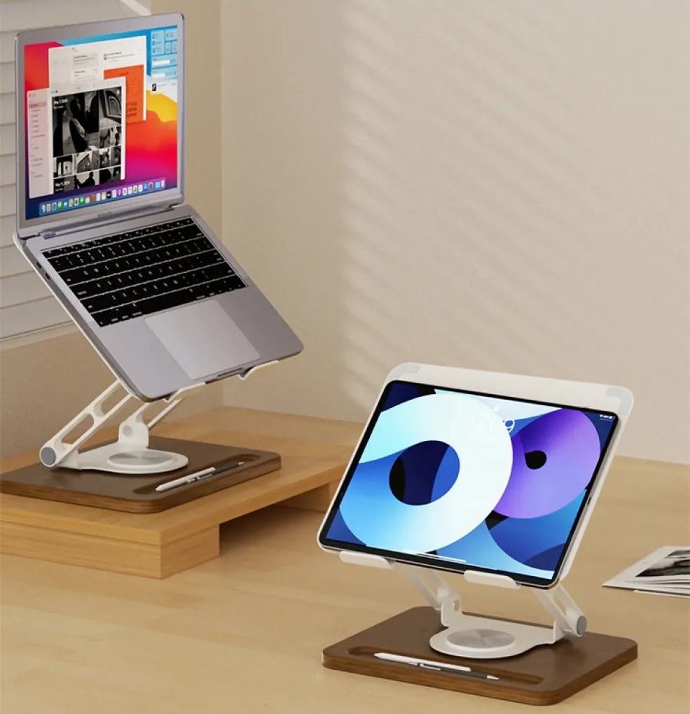 Suport ergonomic pentru laptop și tabletă, construcție premium din oțel carbon și lemn masiv, Gri