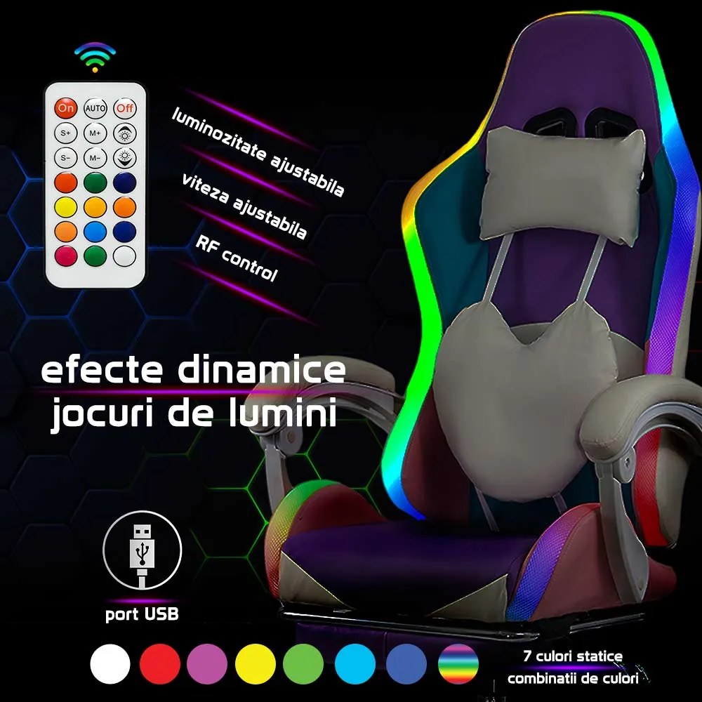 Scaun gaming pentru copii roz/mov din piele sintetică cu lumini RGB OFF 298