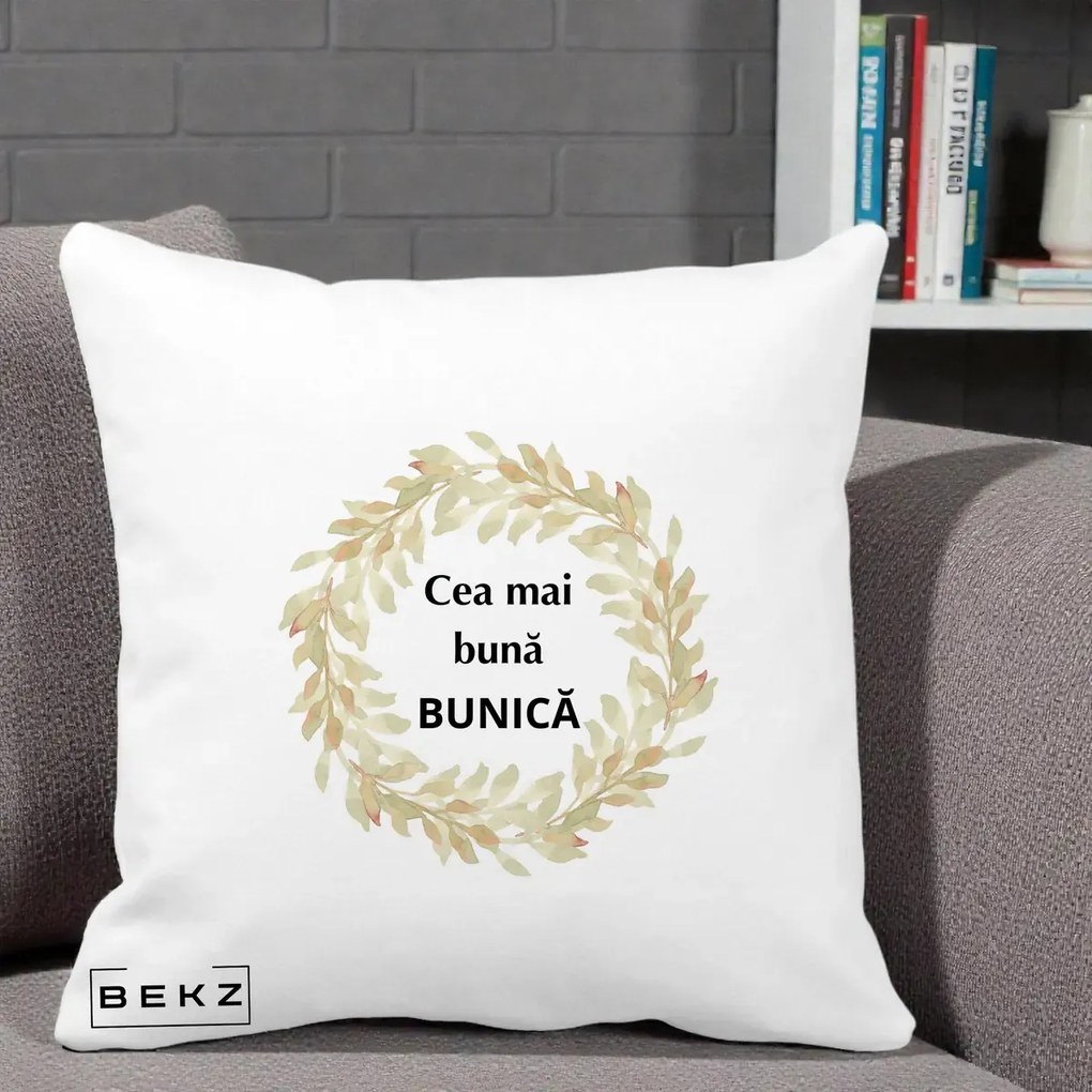 Cadou pentru Bunica - Perna Personalizata Cea Mai Buna Bunica Coronita Frunze Acuarela, 40x40 cm, Alba Mata, Husa Detasabila, Perna Inclusa, BEKZ®
