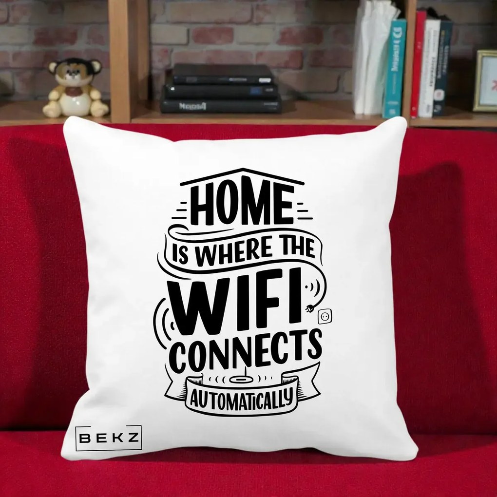 Perna Decorativa Home Is Where WiFi Connects, 40x40 cm, Alba Mata, Husa Detasabila, Perna Inclusa, BEKZ®