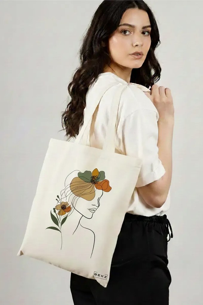 Sacosa de Panza pentru Cumparaturi, Geanta Tote, Flower Lady 11, 38x34.5 cm, Alba, BEKZ®