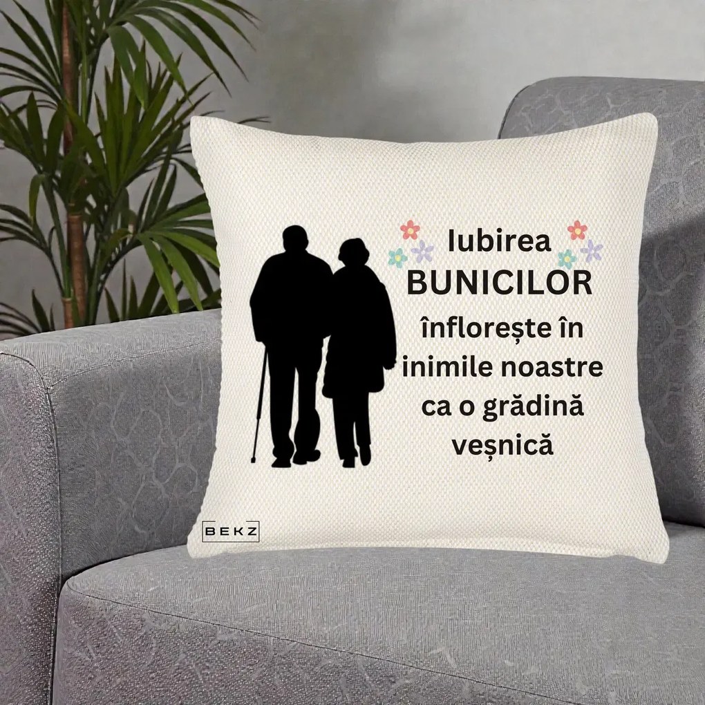 Cadou pentru Bunici - Perna Personalizata Bunicii Iubirea Infloreste Silueta Neagra Flori, 40x40 cm, Crem Reliefat, Husa Detasabila, Perna Inclusa, BEKZ®