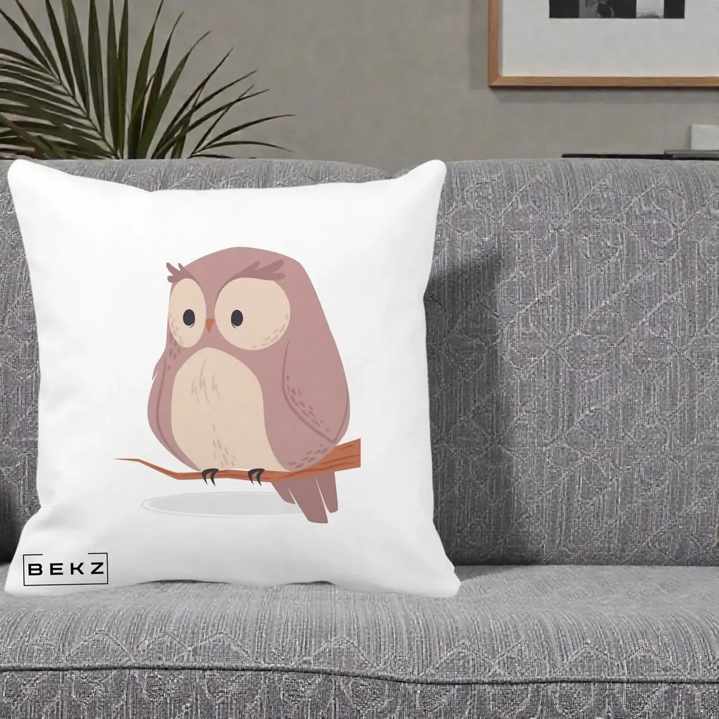 Perna Decorativa Bufnita Kawaii pe Creanga, 40x40 cm, Alba Mata, Husa Detasabila, Perna Inclusa, BEKZ®