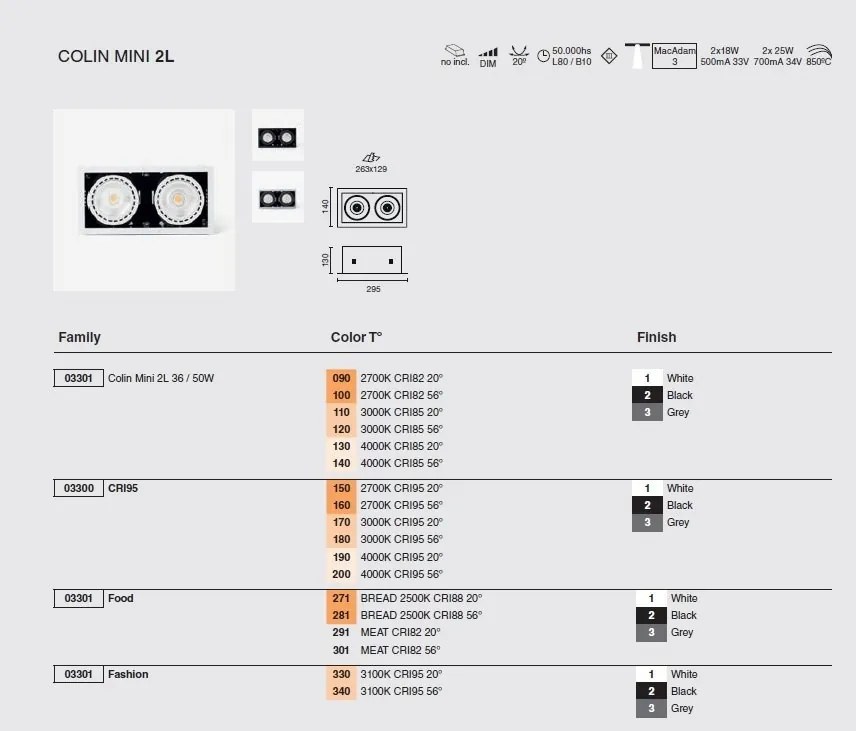 Spot LED incastrabil MINI COLIN-2 Grey recessed CRI95 36-50W 3000K 56°