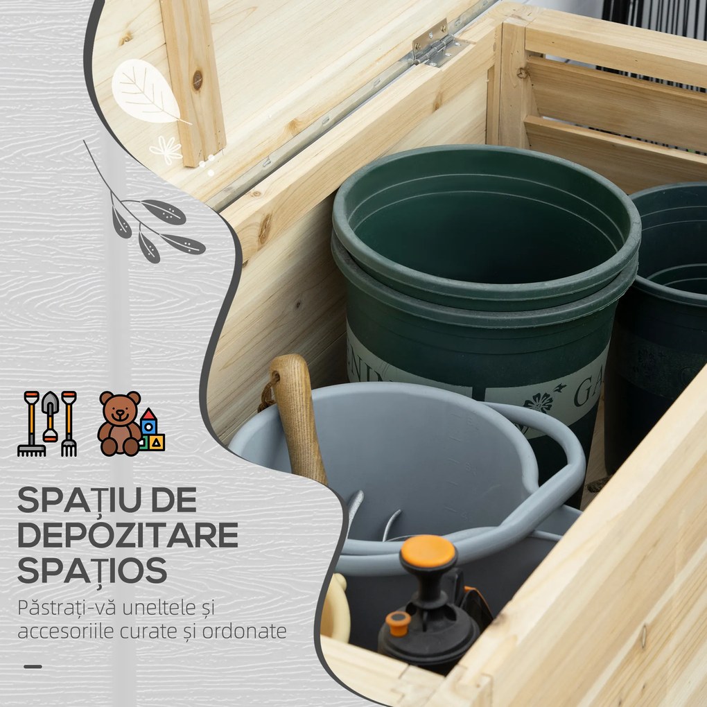 Outsunny Ladă de Depozitare Exterior din Lemn cu Capac Metalic Galvanizat și Design cu Șipci 110x50x50 cm Lemn Natural | Aosom Romania