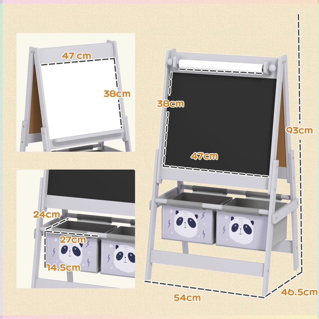 AIYAPLAY Tablă pentru Copii 3-În-1 cu 2 Rafturi și Șevalet din Lemn pentru Copii de 3-8 Ani, 54x46,5x93 cm, Roz | Aosom Romania