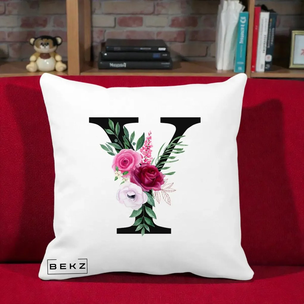 Cadou Personalizat - Perna Personalizata Monograma Florala Litera Y cu Buchet, 40x40 cm, Alba Mata, Husa Detasabila, Perna Inclusa, BEKZ®