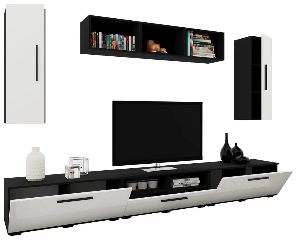 Living Kos V2, Negru/Alb Lucios, MDF, L 285 cm