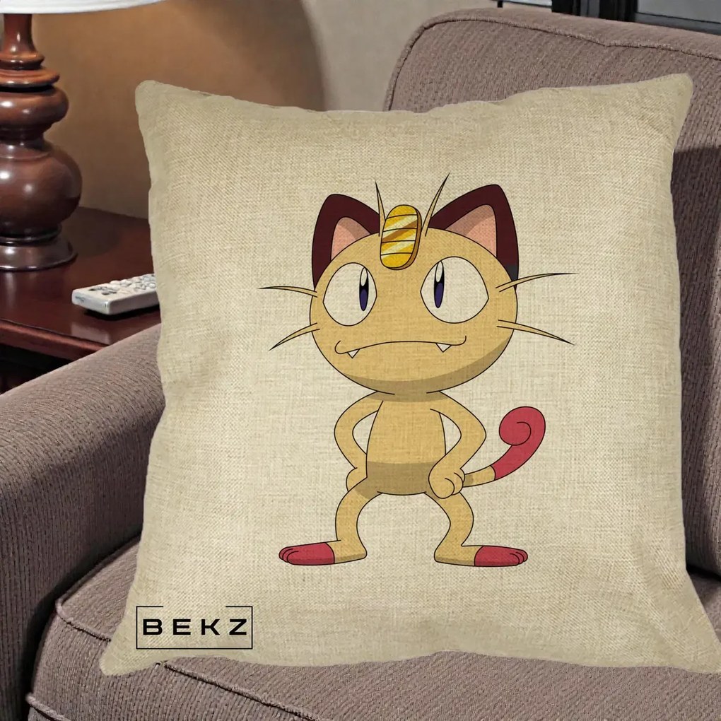 Perna Personalizata Meowth Pokemon, 40x40 cm, Crem, Husa Detasabila, Perna Inclusa, BEKZ®