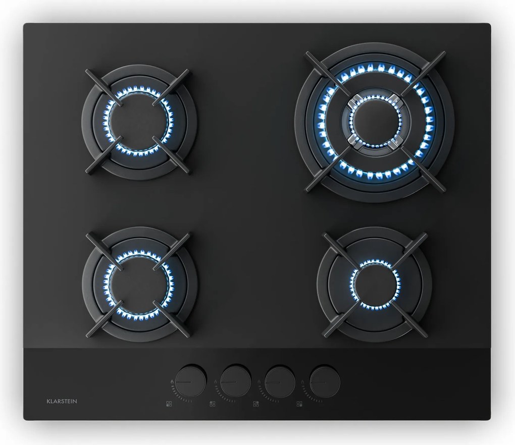 Klarstein Plită pe gaz Velaire, plită cu 4 arzătoare cu aprindere electrică, compatibilă cu gaz natural și GPL, 8000W, 60cm