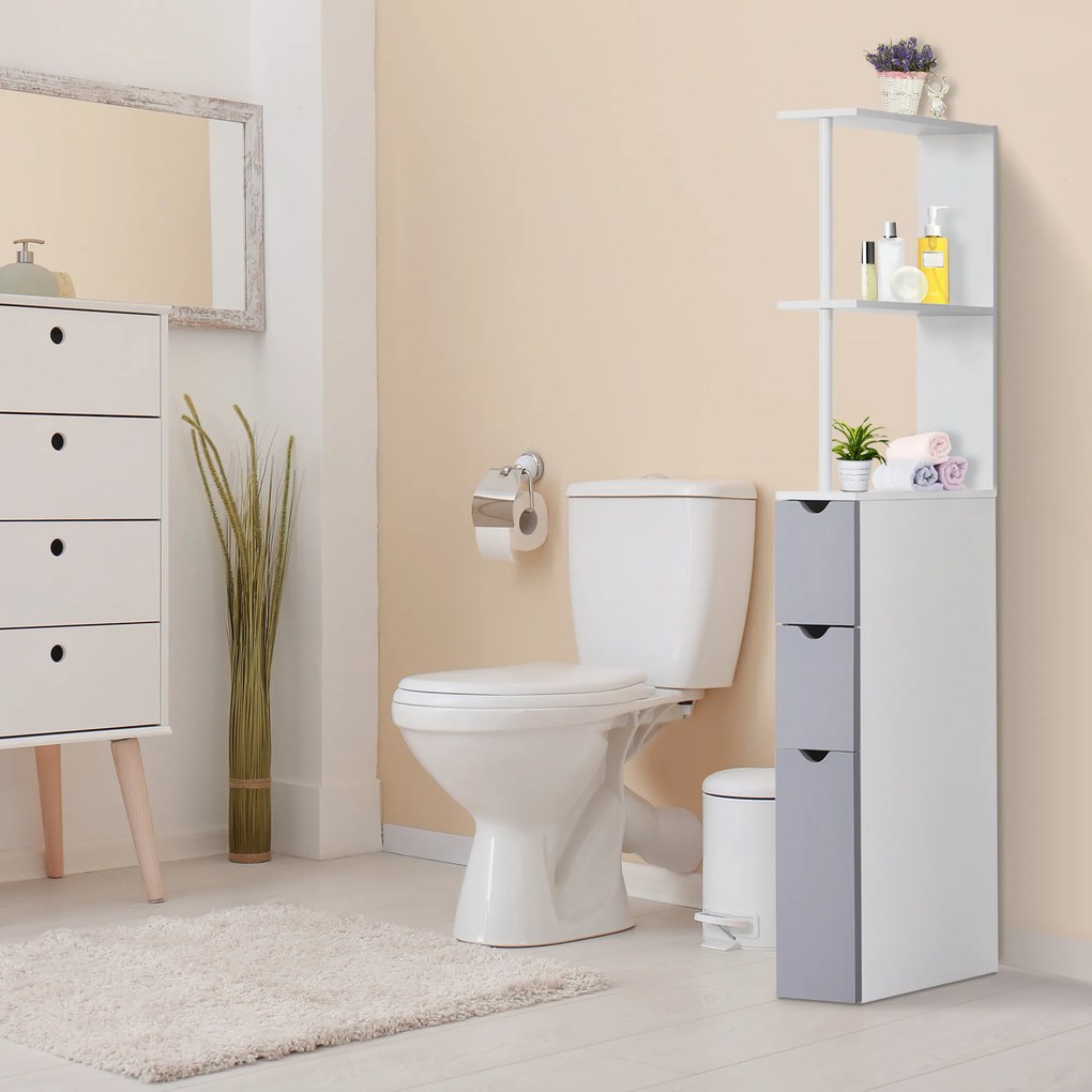 HOMCOM Mobilier Coloană Baie, 2 Compartimente, Ușă, 2 Sertare, MDF și Fier, 15x33x140 cm, Alb și Gri | Aosom Romania