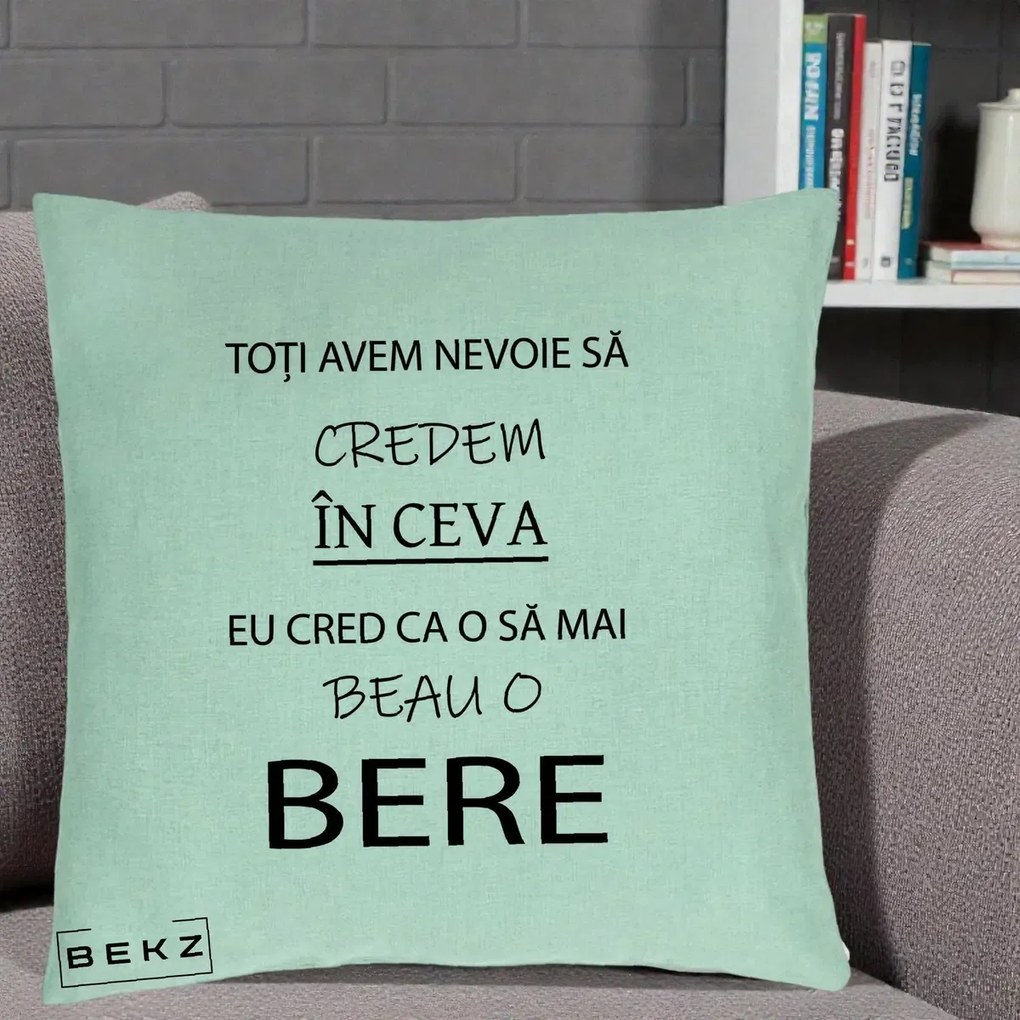 Perna Decorativa Eu Cred ca mai Beau o Bere, 40x40 cm, Verde Menta, Husa Detasabila, Perna Inclusa, BEKZ®