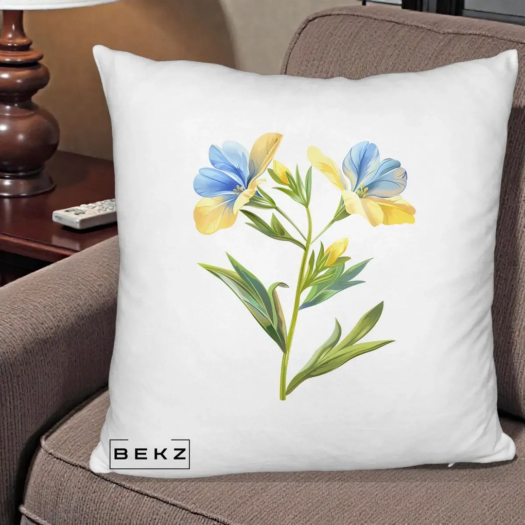 Perna Decorativa Botanica Frezie Galbena si Albastra, 40x40 cm, Alb Pufos, Husa Detasabila, Perna Inclusa, BEKZ®