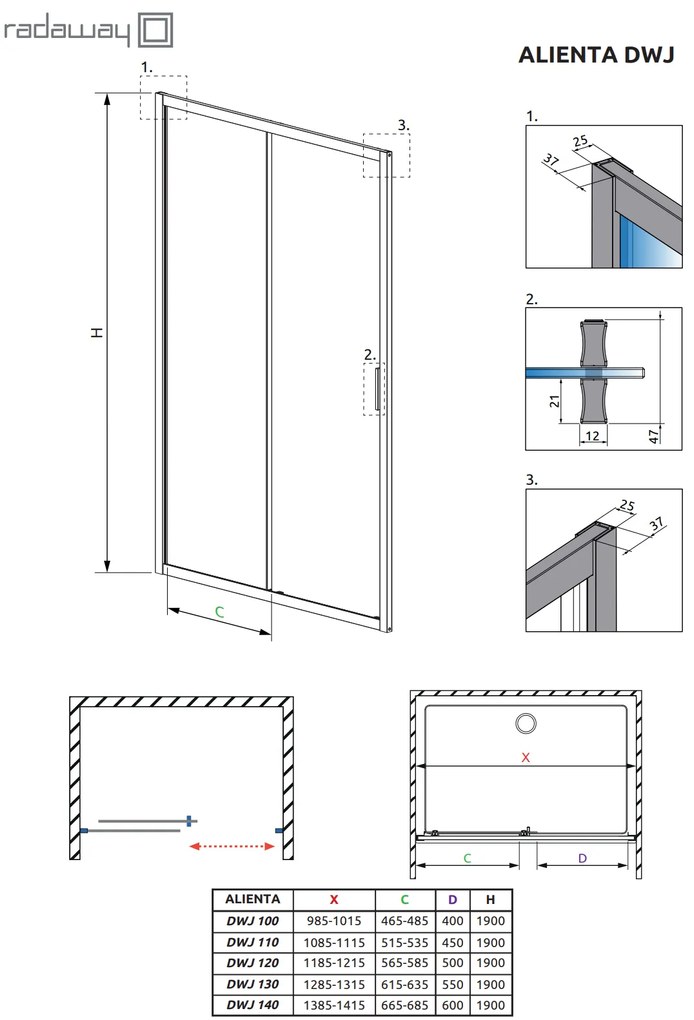 Usa culisanta de dus in nisa, 1200 mm, negru mat, doua elemente, Alienta Black DWJ Radaway