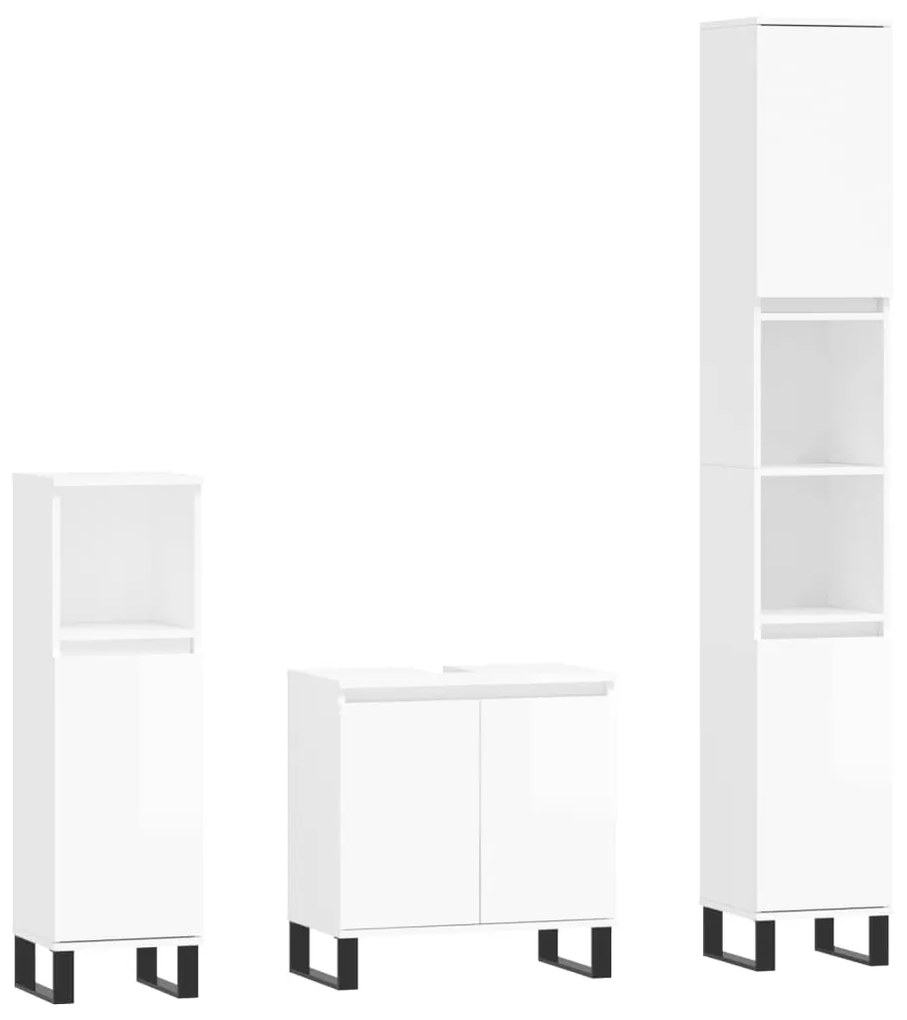 3190285 vidaXL Set mobilier de baie, 3 piese, alb extralucios, lemn compozit