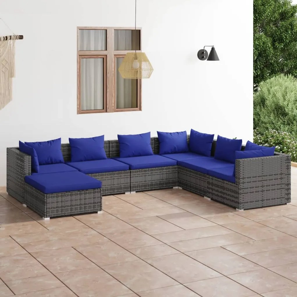 Set mobilier de gradina cu perne, 7 piese, gri, poliratan gri si bleumarin, 3x colt + 3x mijloc + suport pentru picioare, 1