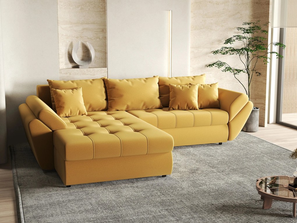 Colțar extensibil dumonde cu ladă de depozitare si sezut confortabil din spuma high-density, Loana Royal Muștar 270x185 cm