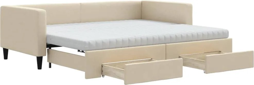 vidaXL Pat de zi cu extensie și sertare, crem, 90x200 cm, textil