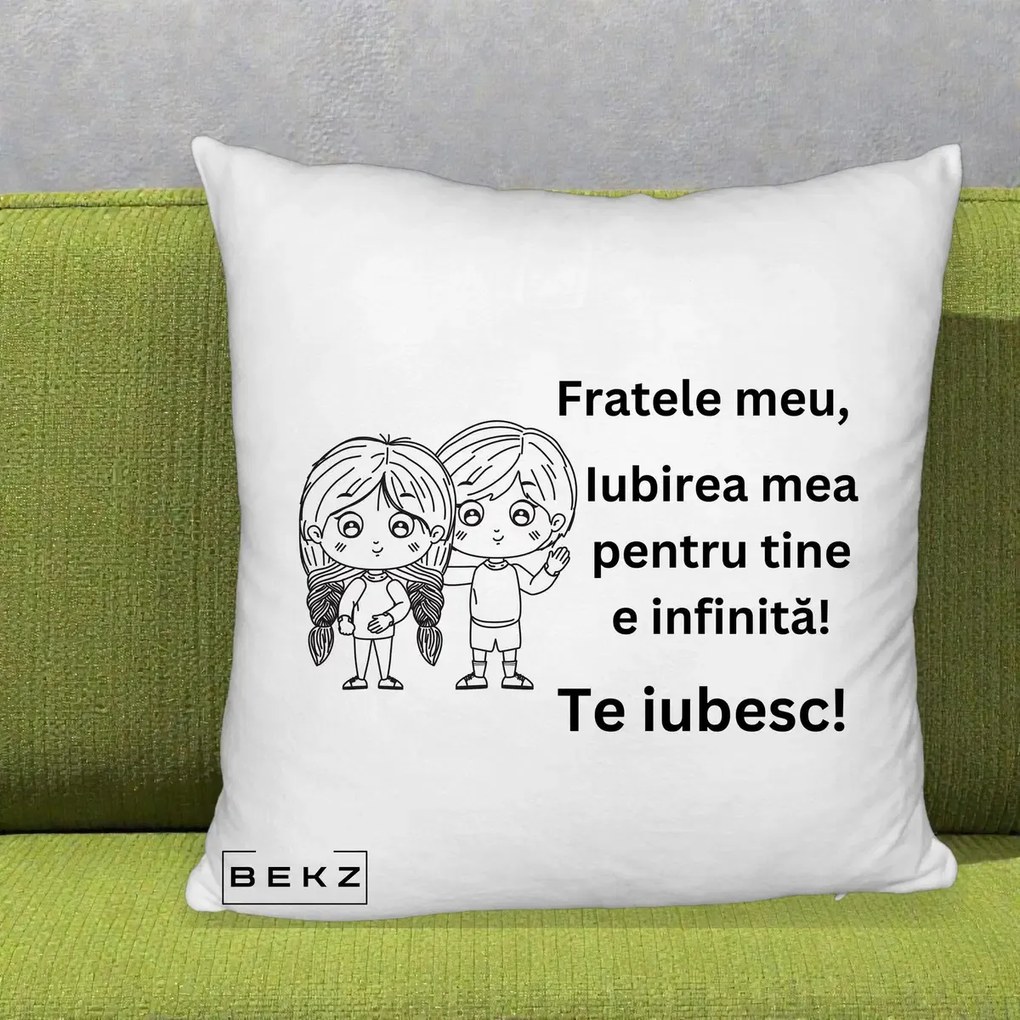 Cadou pentru Frate - Perna Personalizata Fratele Meu Te Iubesc Copii Anime Line Art Negru, 40x40 cm, Alb Pufos, Husa Detasabila, Perna Inclusa, BEKZ®