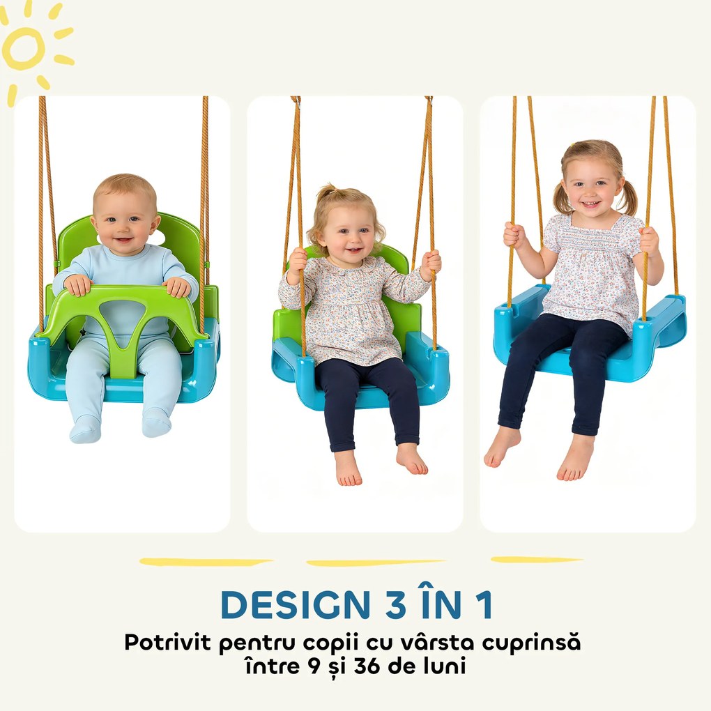 Outsunny Leagăn pentru Copii 3 în 1 pentru Interior și Exterior, Leagăn de Grădină pentru Bebeluși și Copii 9-36 Luni, Frânghie Reglabilă 120-180 cm și Centură de Siguranță, 42x33x120-180 cm, Verde | Aosom Romania