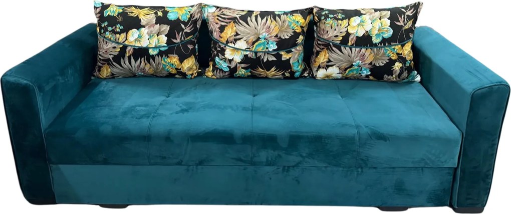 Canapea LILI extensibila, 3 locuri, cu lada de depozitare, catifea turcoaz , 220x95x80 Turcoaz, Catifea
